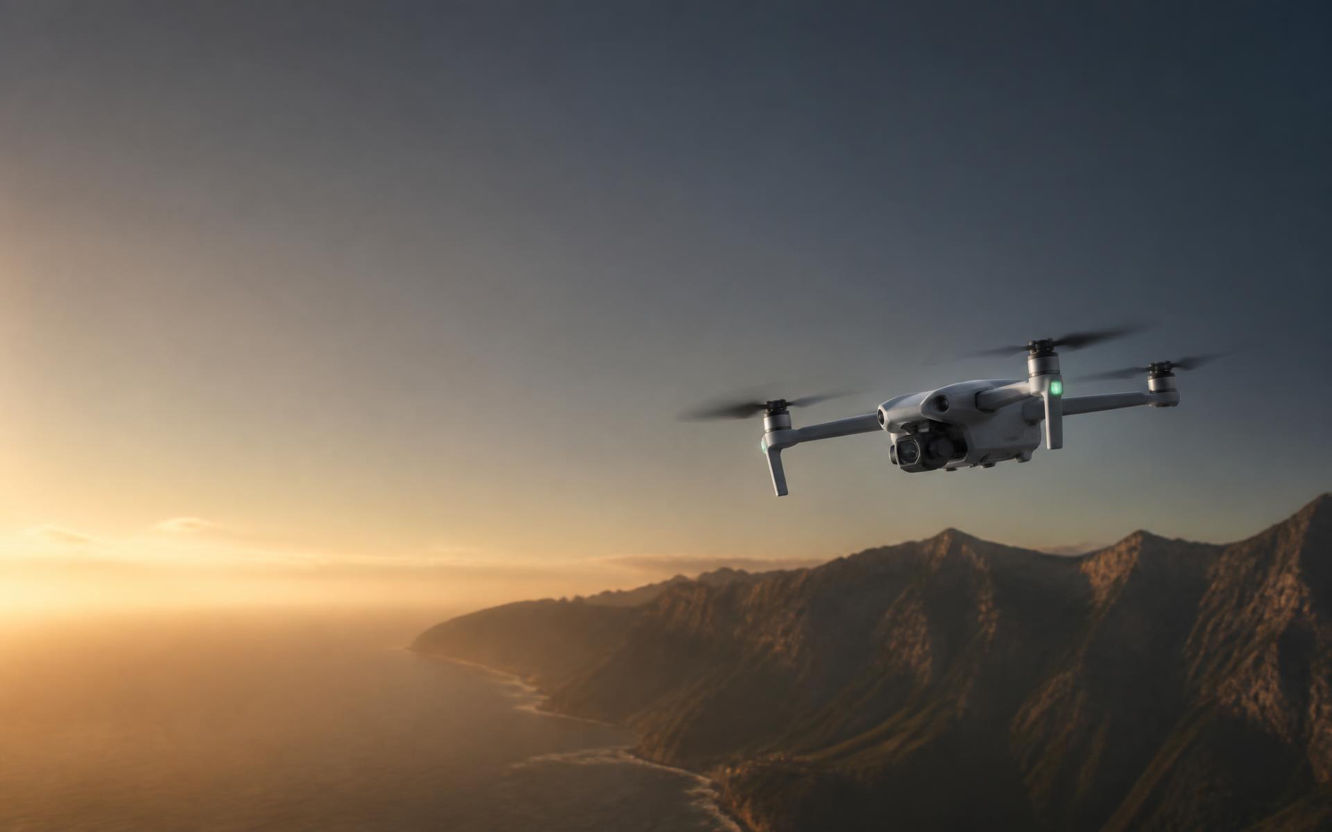 Equipamento DJI capturando imagens cinematográficas sobre a costa
